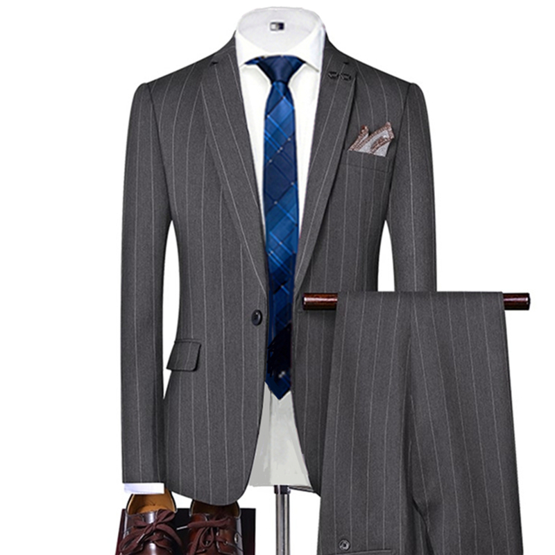 Men'S Grooming Jacket - Jas Pria Bergaris Abu-abu/Hitam Single Breasted