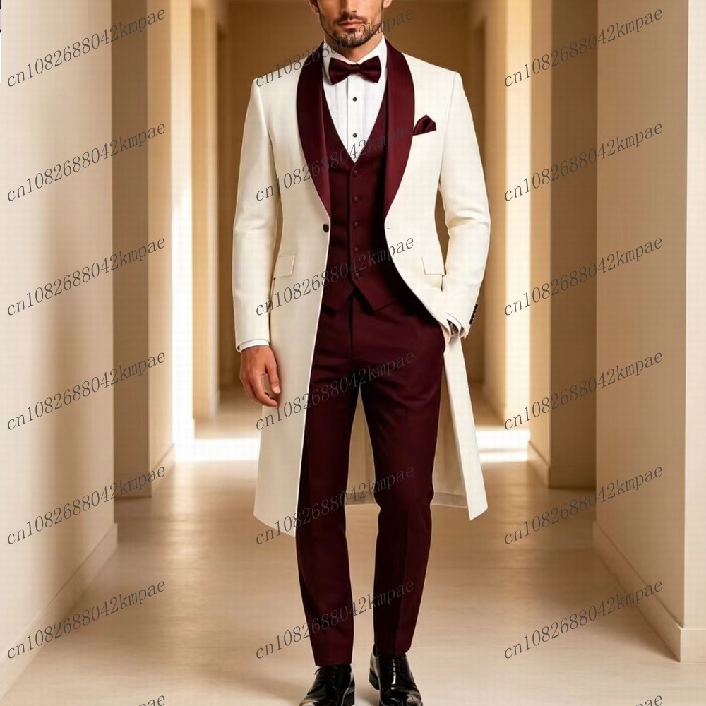 Men'S Grooming Jacket - Jas Panjang Putih dan Merah Tua